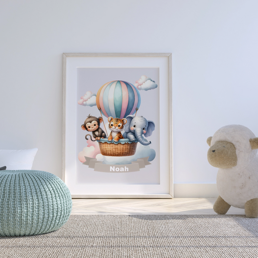 Personalisiertes Kinderposter mit Namen – Heißluftballon Tier