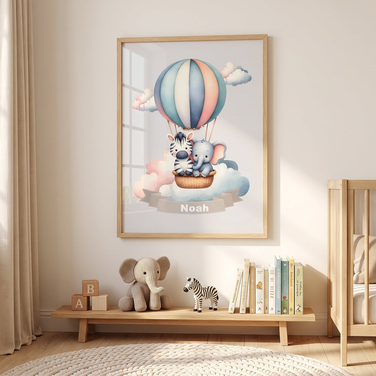 Personalisiertes Kinderposter mit Namen – Heißluftballon Tier