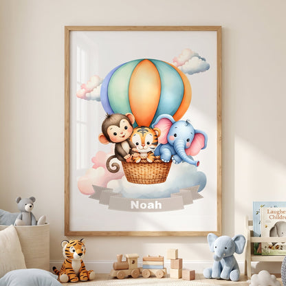 Personalisiertes Kinderposter mit Namen – Heißluftballon Tier