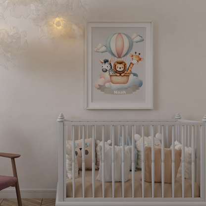 Personalisiertes Kinderposter mit Namen – Heißluftballon Tier