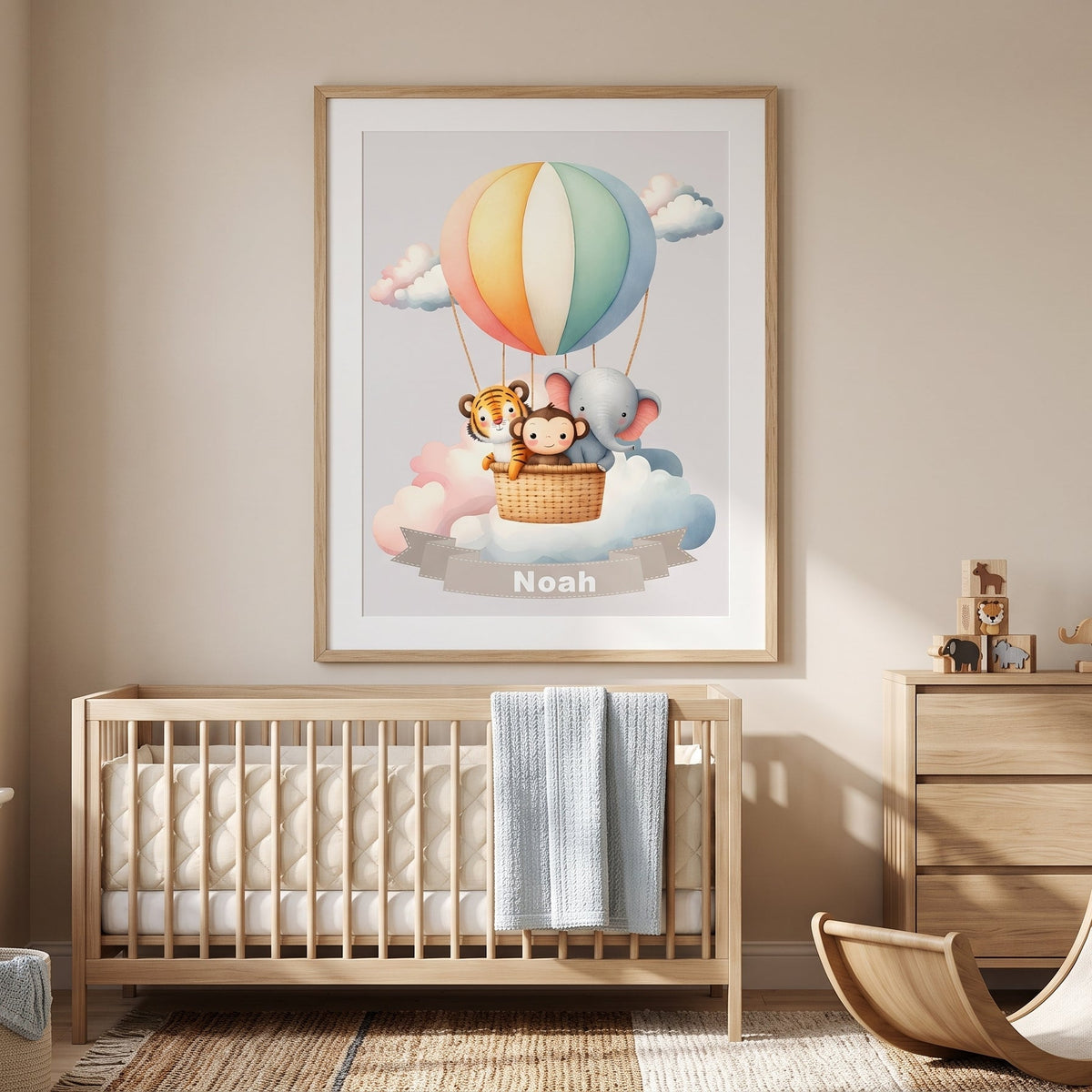 Personalisiertes Kinderposter mit Namen – Heißluftballon Tier
