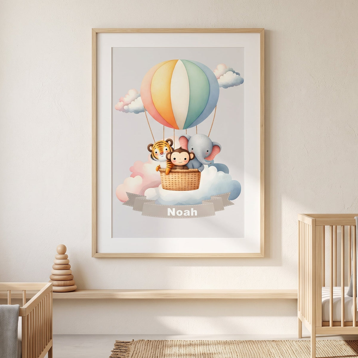 Personalisiertes Kinderposter mit Namen – Heißluftballon Tier