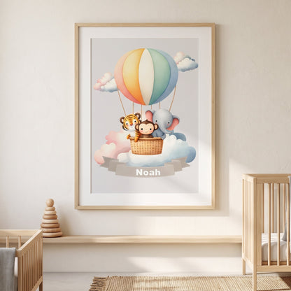 Personalisiertes Kinderposter mit Namen – Heißluftballon Tier