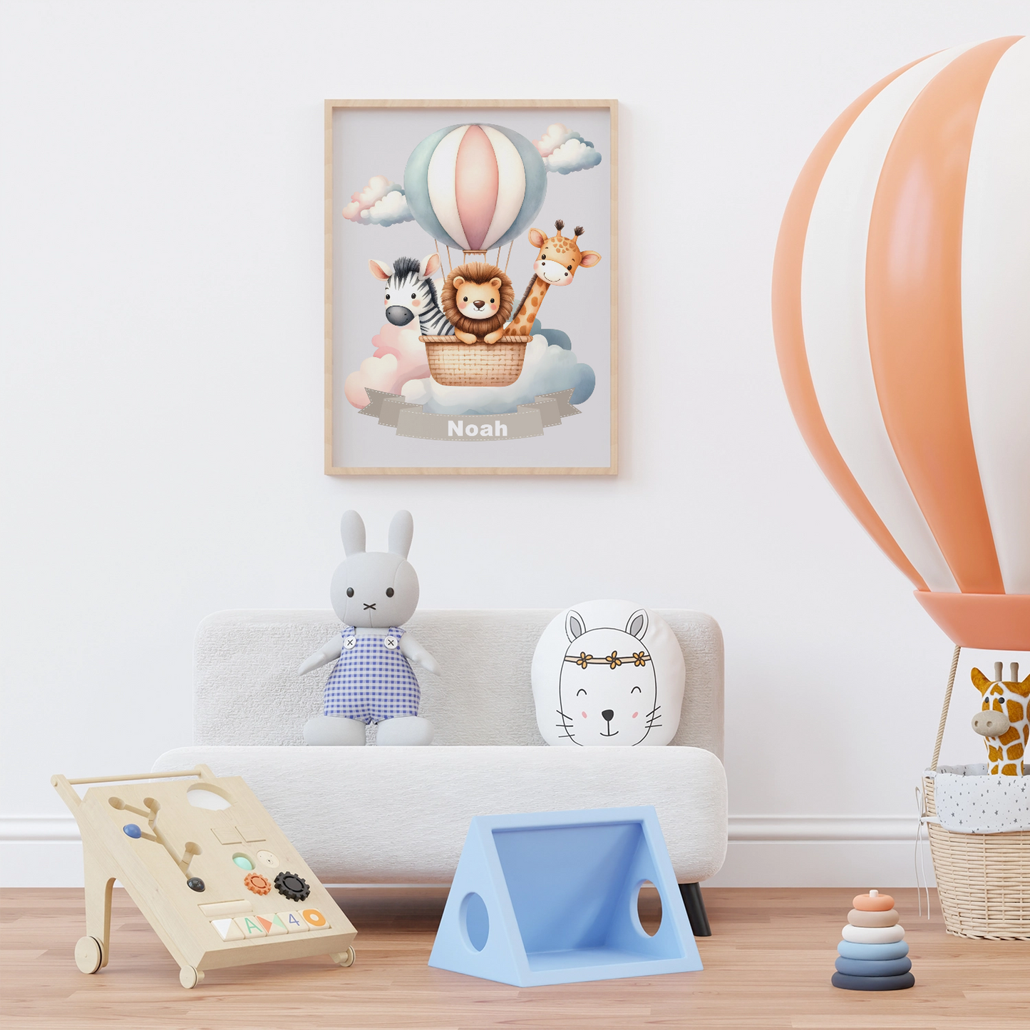 Personalisiertes Kinderposter mit Namen – Heißluftballon Tiere