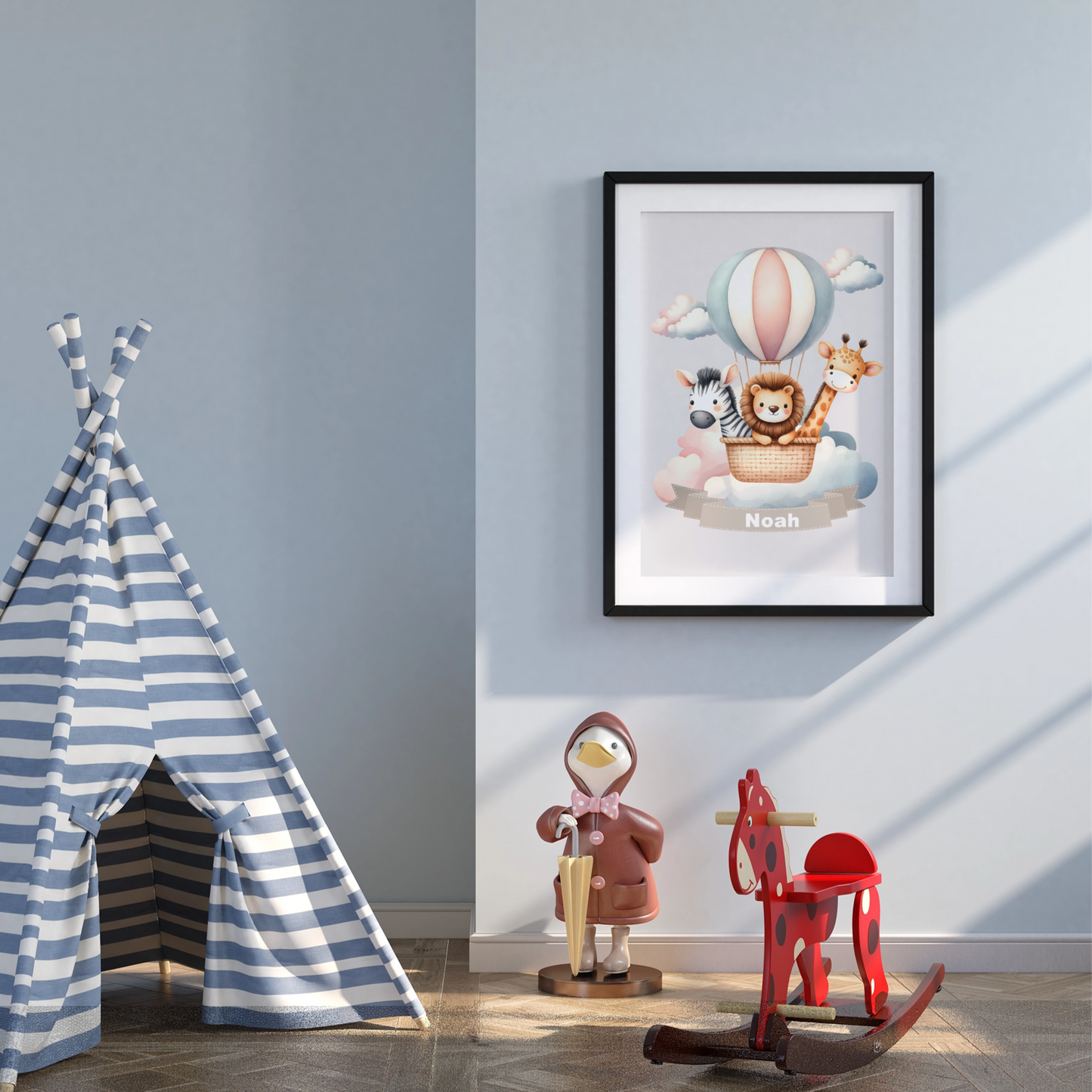 Personalisiertes Kinderposter mit Namen – Heißluftballon Tiere