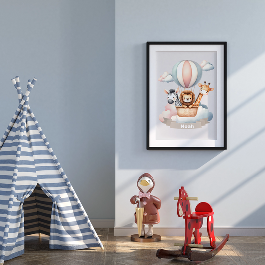 Personalisiertes Kinderposter mit Namen – Heißluftballon Tiere