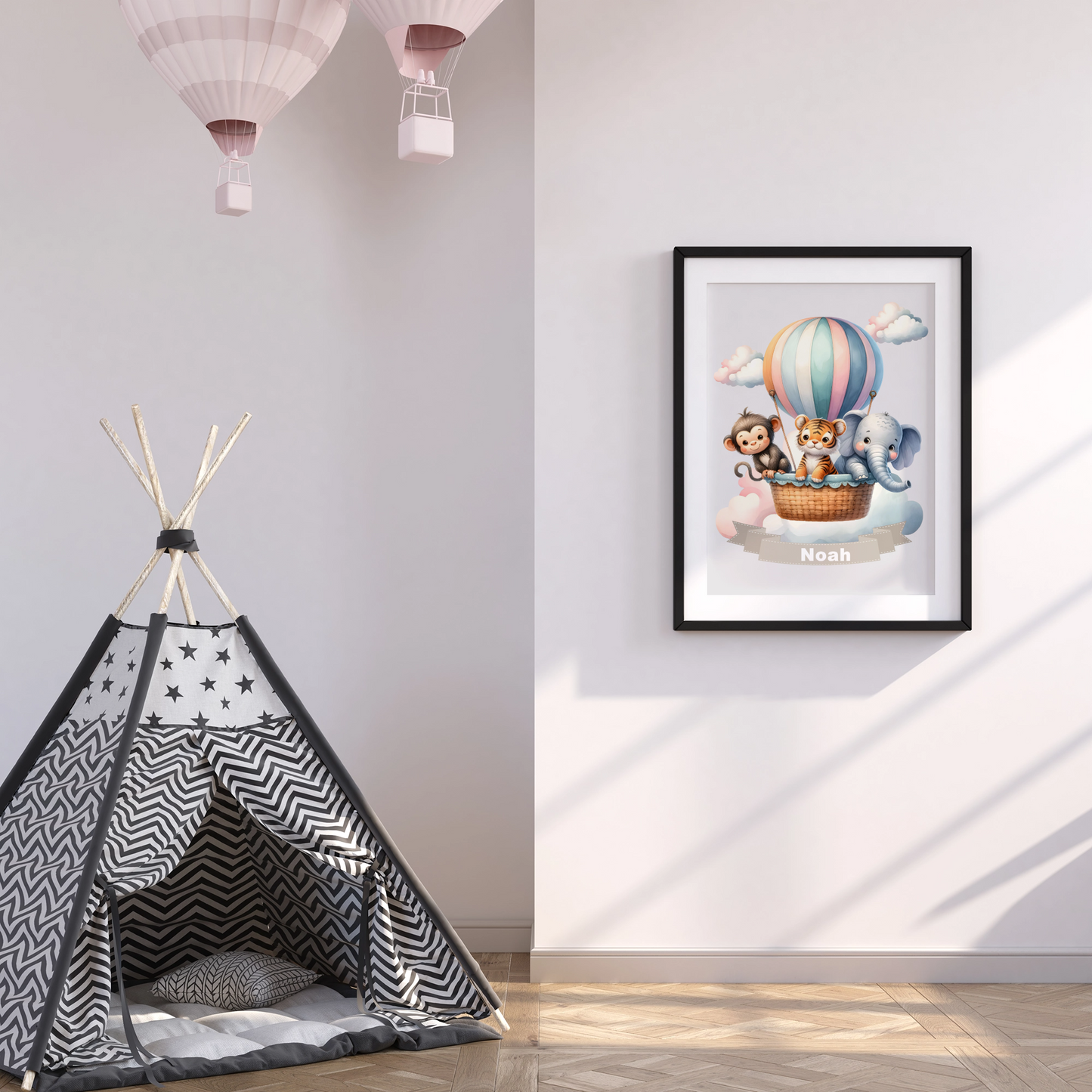 Personalisiertes Kinderposter mit Namen – Heißluftballon Tier