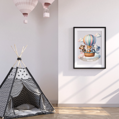 Personalisiertes Kinderposter mit Namen – Heißluftballon Tier