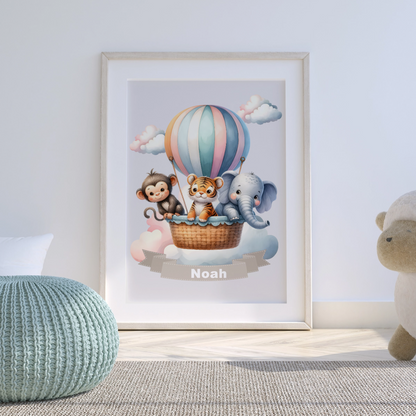 Personalisiertes Kinderposter mit Namen – Heißluftballon Tier