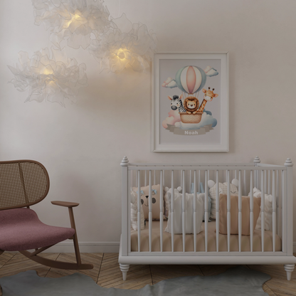 Personalisiertes Kinderposter mit Namen – Heißluftballon Tiere